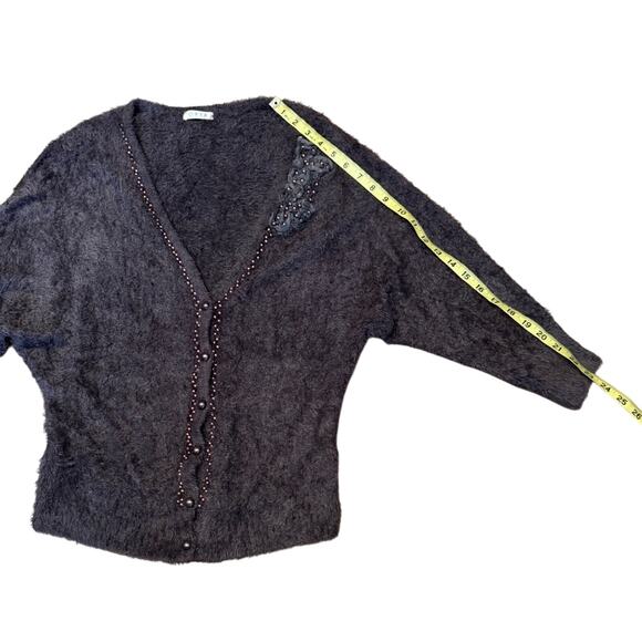 0918 Large Brown Beaded Embellished cardigan 3/4 sleeves sweater Preppy Academia - Picture 7 of 10